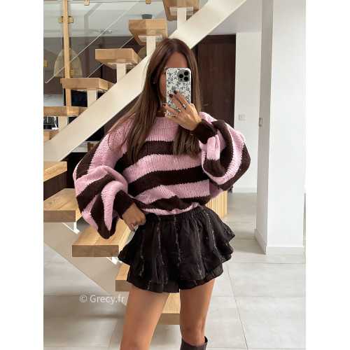 Pull rayé oversize mohair rose marron mode tendance automne grecy