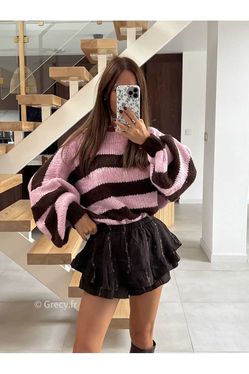 Pull rayé oversize mohair rose marron mode tendance automne grecy