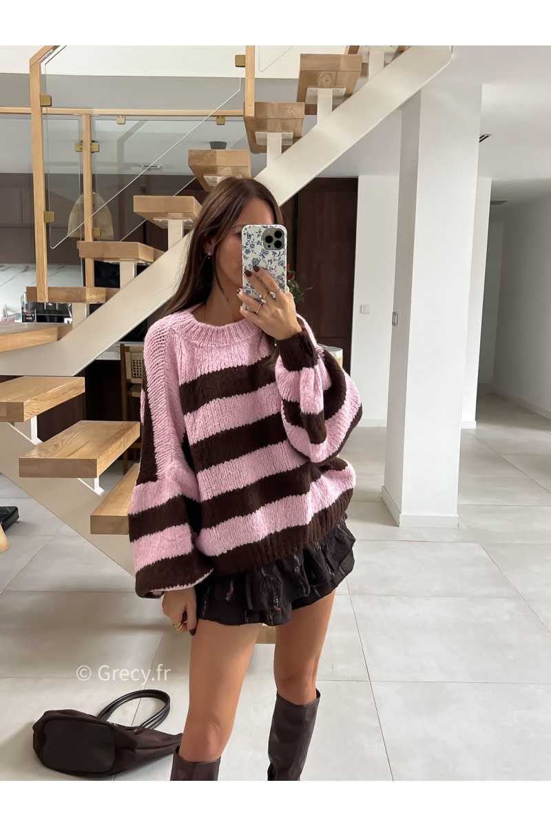 Pull rayé oversize mohair rose marron mode tendance automne grecy