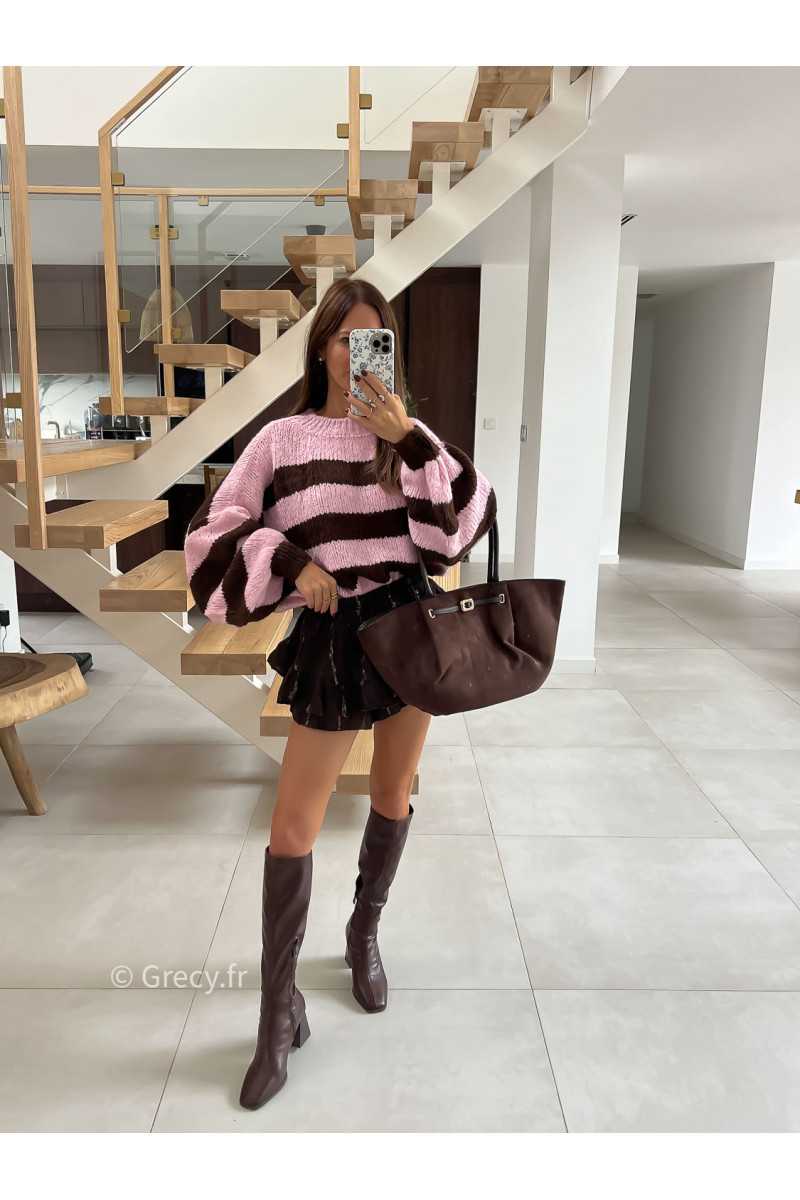 Pull rayé oversize mohair rose marron mode tendance automne grecy