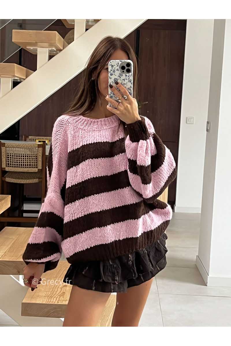 Pull rayé oversize mohair rose marron mode tendance automne grecy