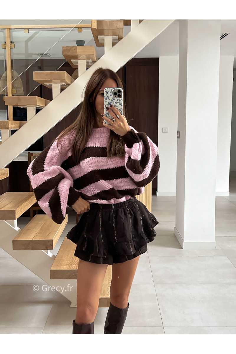 Pull rayé oversize mohair rose marron mode tendance automne grecy