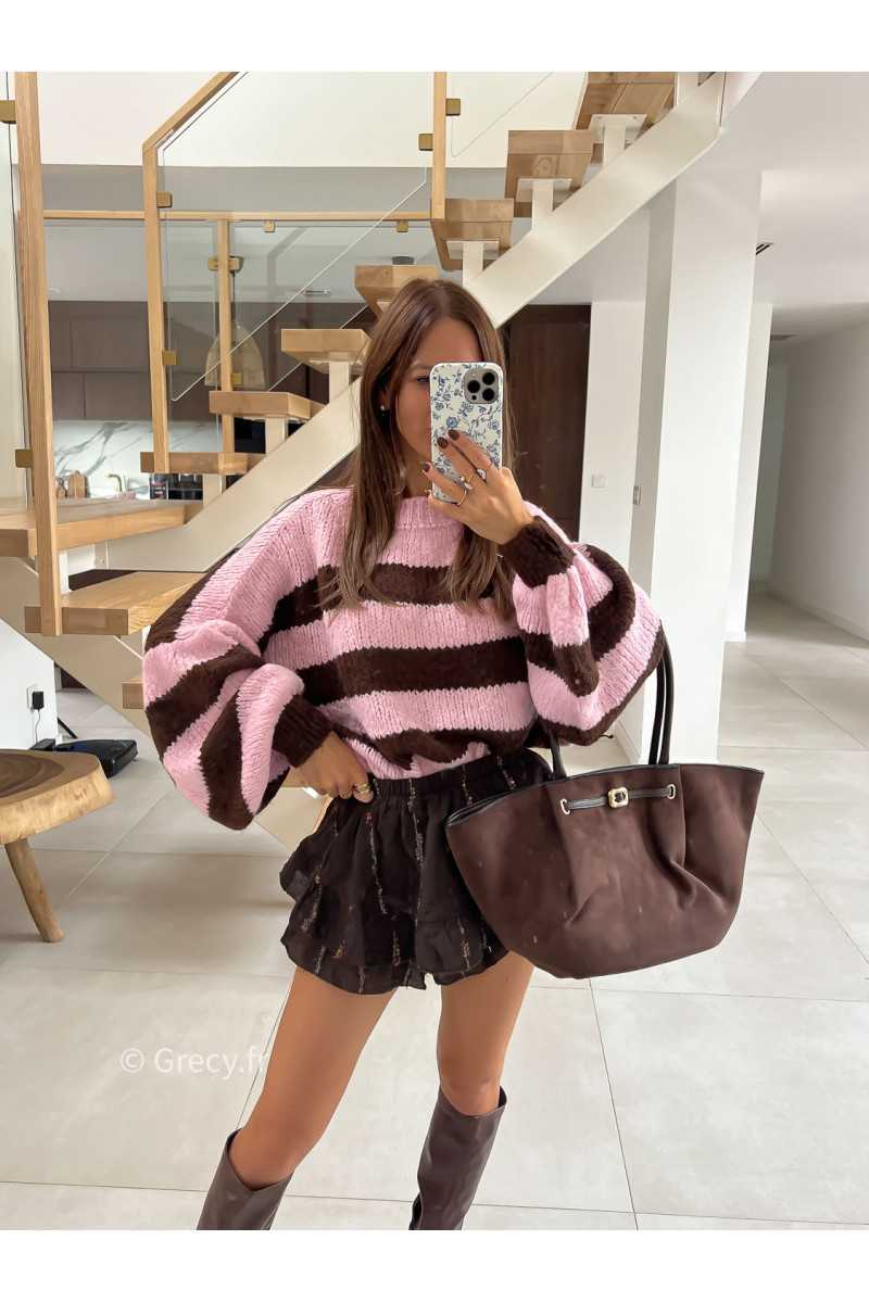 Pull rayé oversize mohair rose marron mode tendance automne grecy
