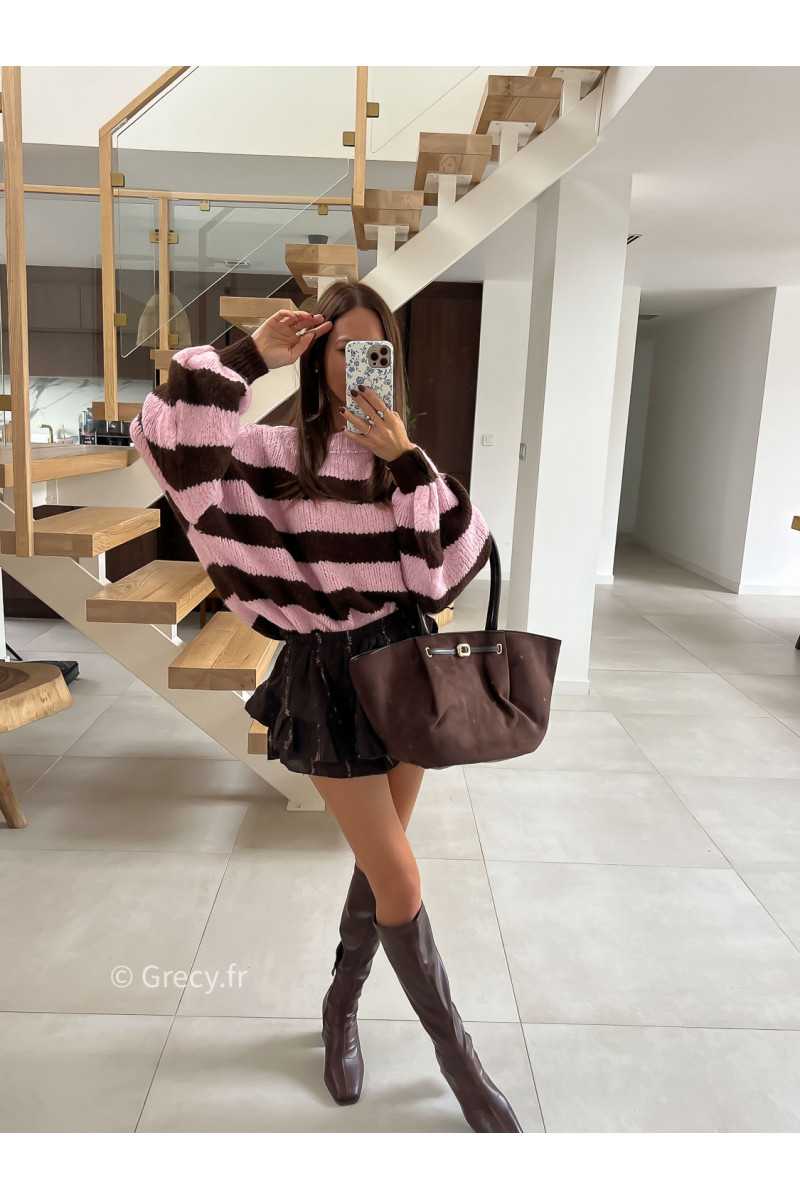 Pull rayé oversize mohair rose marron mode tendance automne grecy