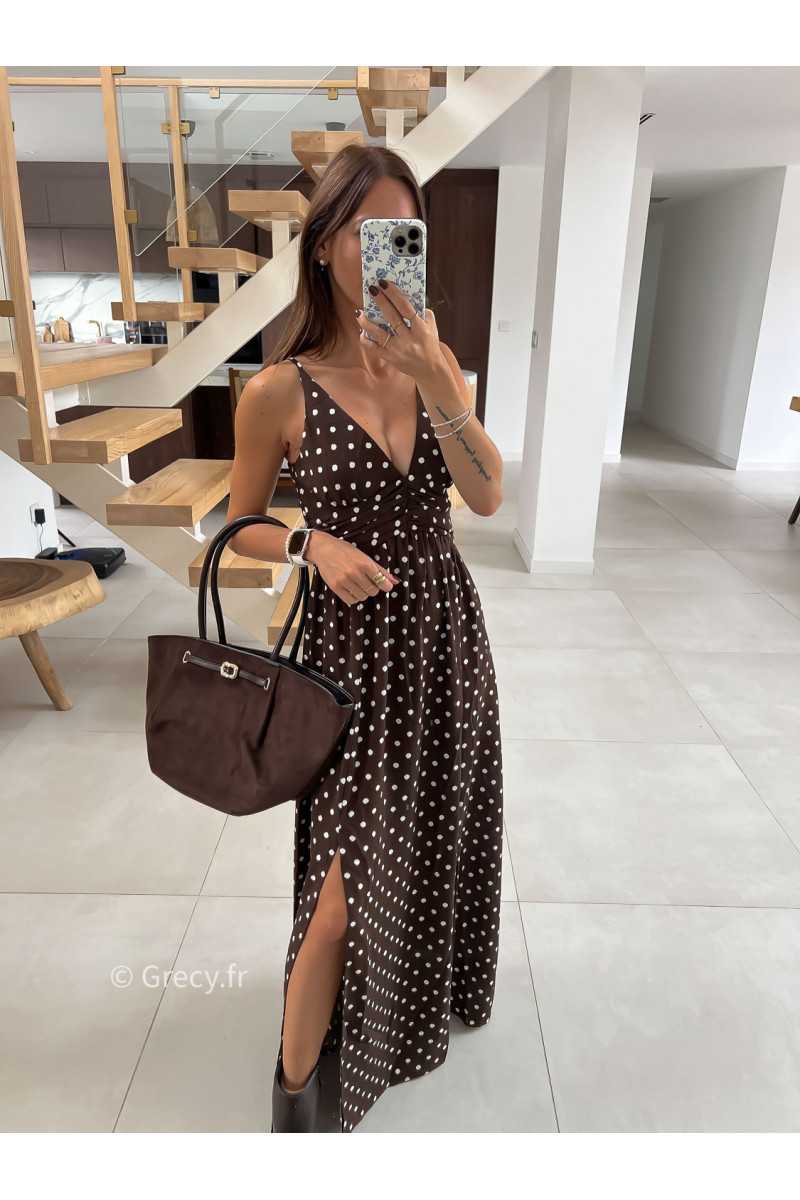 Robe longue marron polka dots mode tendance automne grecy