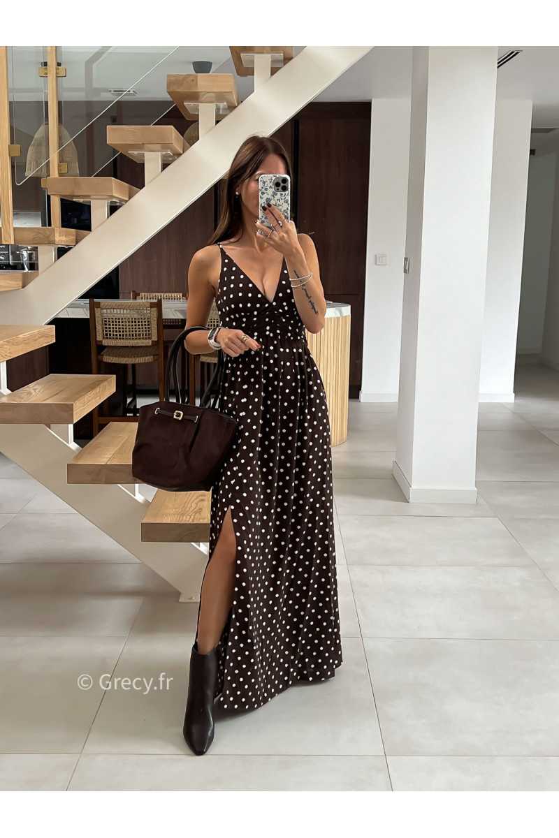 Robe longue marron polka dots mode tendance automne grecy