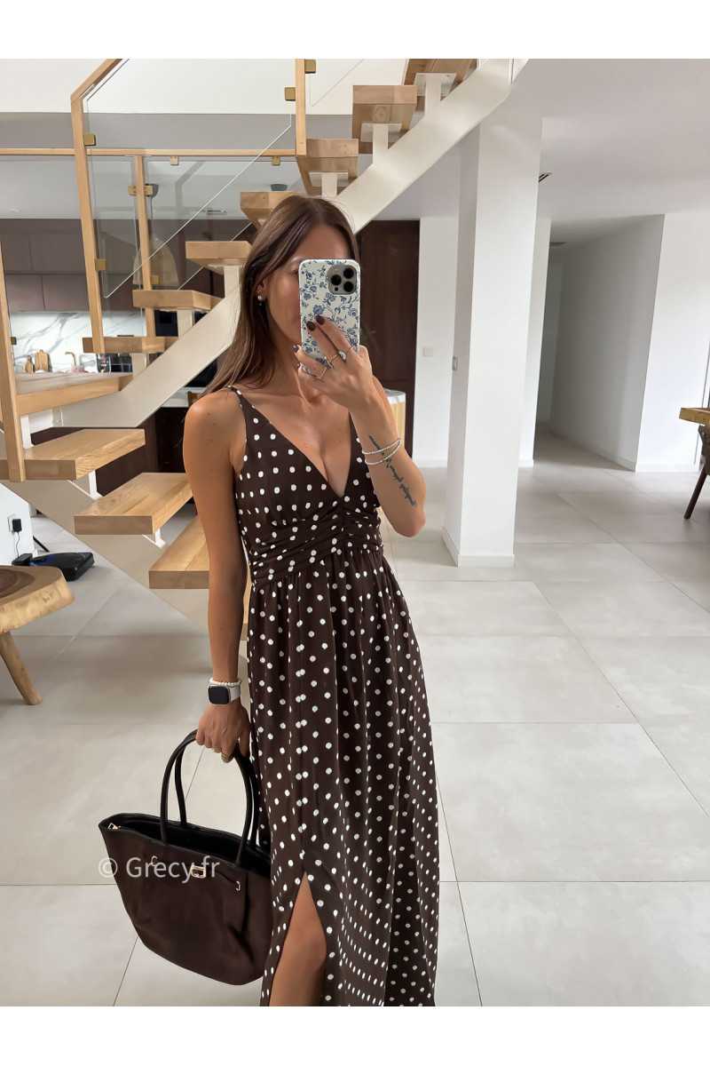 Robe longue marron polka dots mode tendance automne grecy