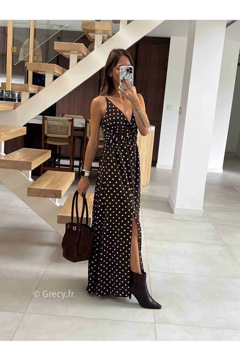 Robe longue marron polka dots mode tendance automne grecy