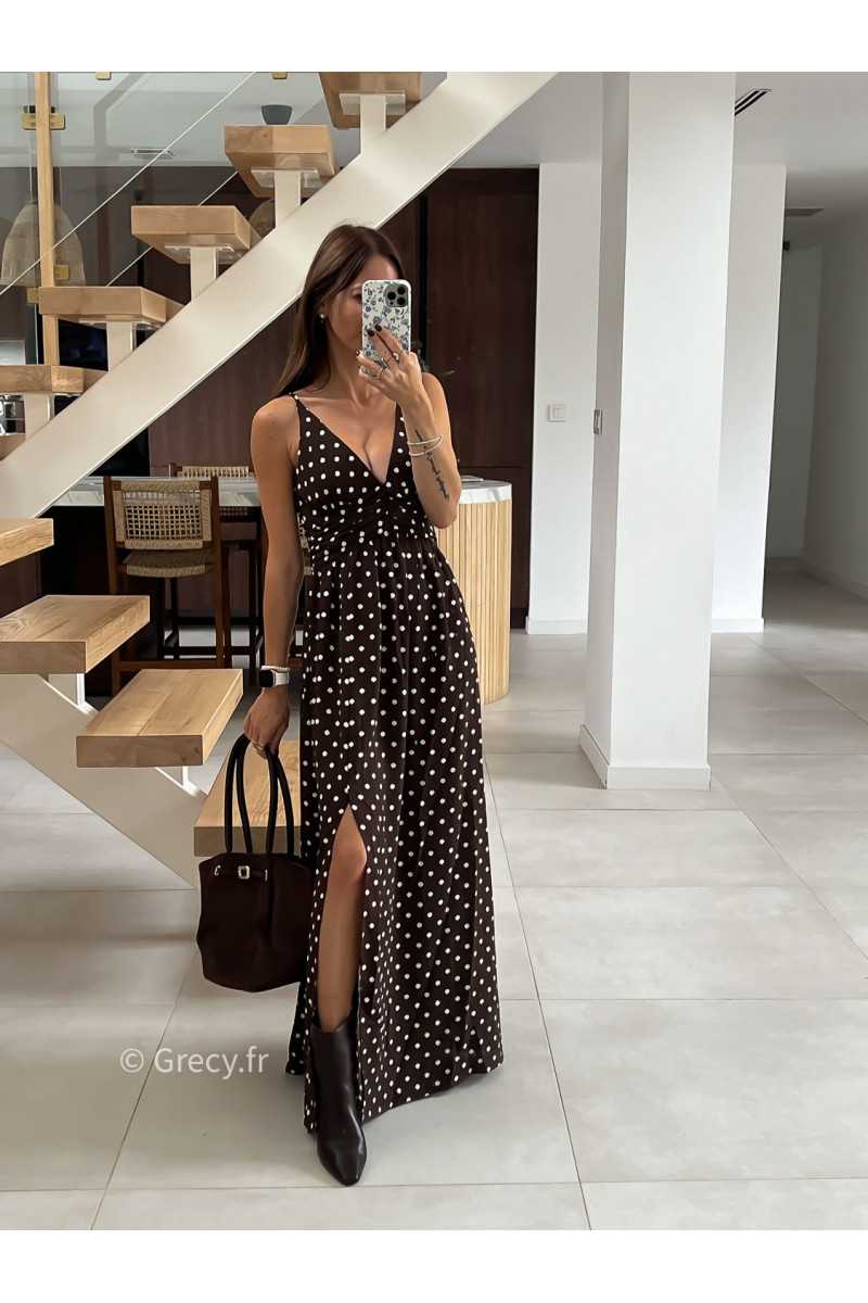 Robe longue marron polka dots mode tendance automne grecy