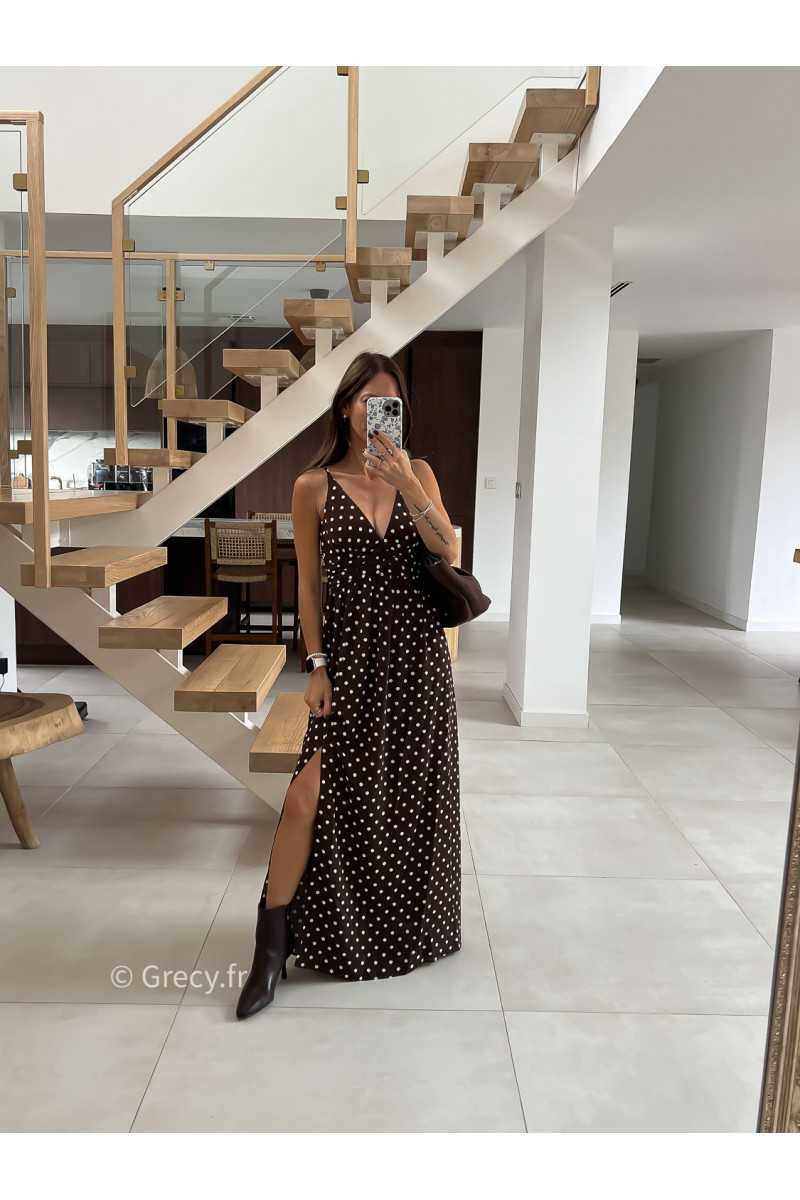Robe longue marron polka dots mode tendance automne grecy