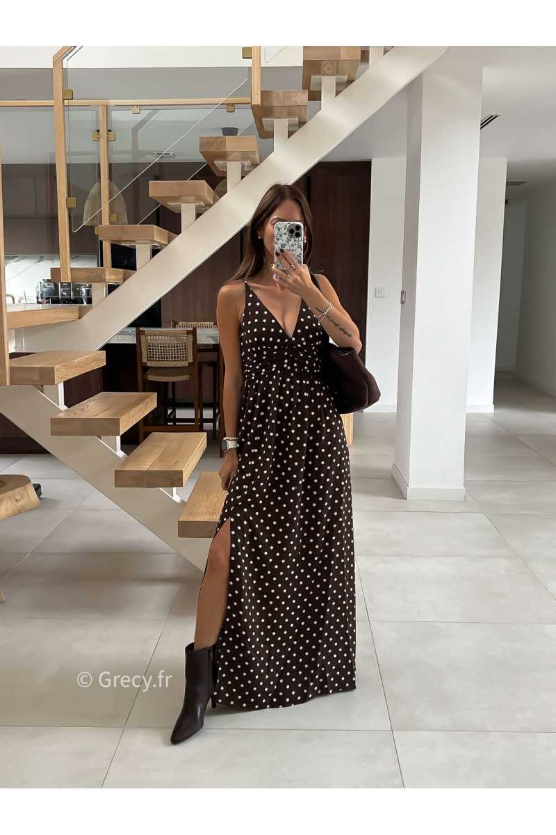 Robe longue marron polka dots mode tendance automne grecy