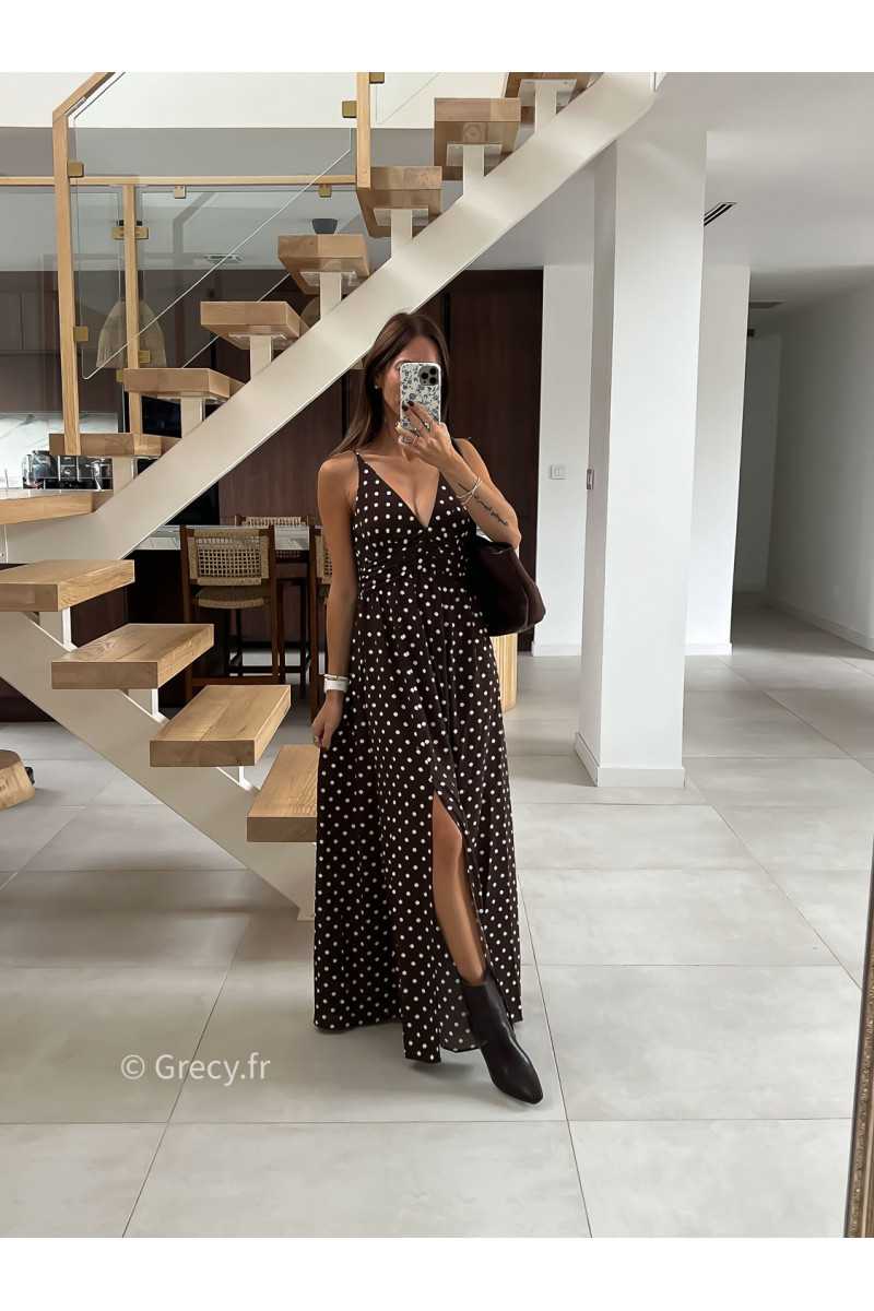 Robe longue marron polka dots mode tendance automne grecy