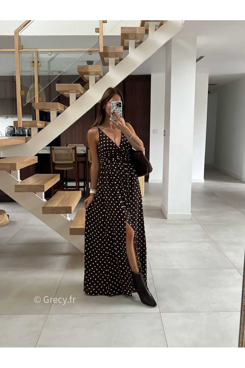 Robe longue marron polka dots mode tendance automne grecy