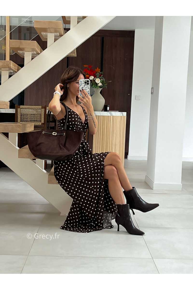 Robe longue marron polka dots mode tendance automne grecy
