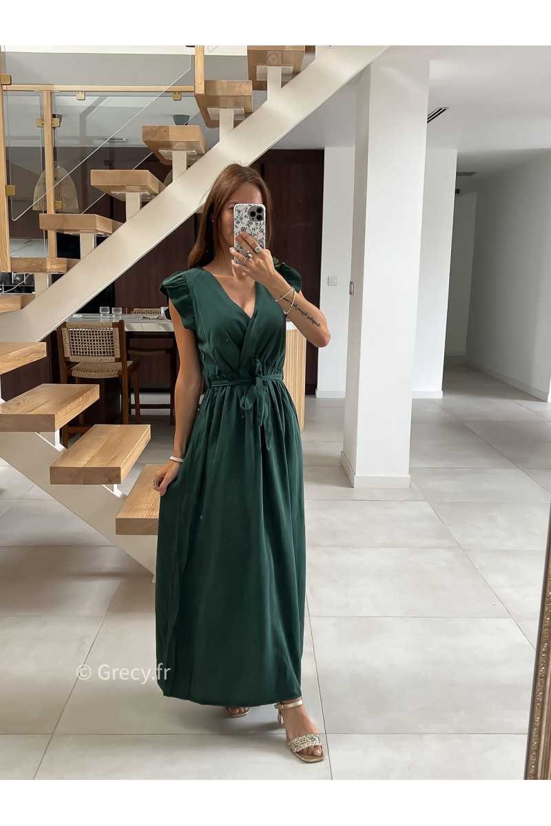 Robe longue vert sapin émeraude manches courtes fendue grecy été mode tendance cérémonie mariage chic zara mango