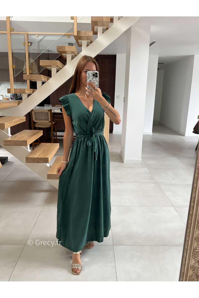 Robe longue vert sapin émeraude manches courtes fendue grecy été mode tendance cérémonie mariage chic zara mango