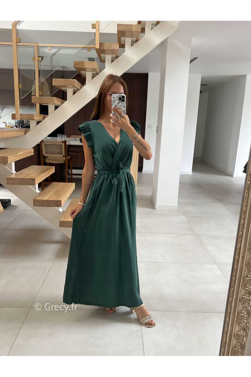 Robe longue vert sapin émeraude manches courtes fendue grecy été mode tendance cérémonie mariage chic zara mango