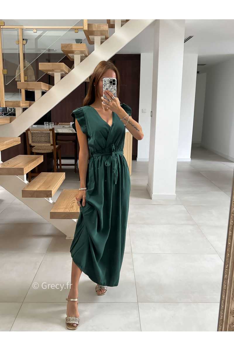 Robe longue vert sapin émeraude manches courtes fendue grecy été mode tendance cérémonie mariage chic zara mango