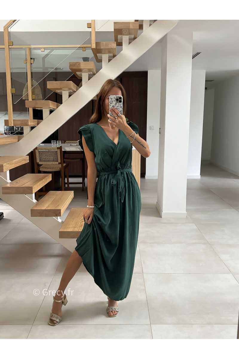 Robe longue vert sapin émeraude manches courtes fendue grecy été mode tendance cérémonie mariage chic zara mango