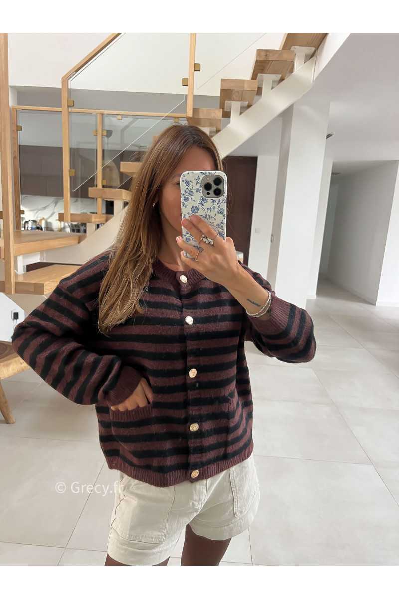 Cardigan laine rayures marron noir boutons or mode tendance grecy look Zara mango