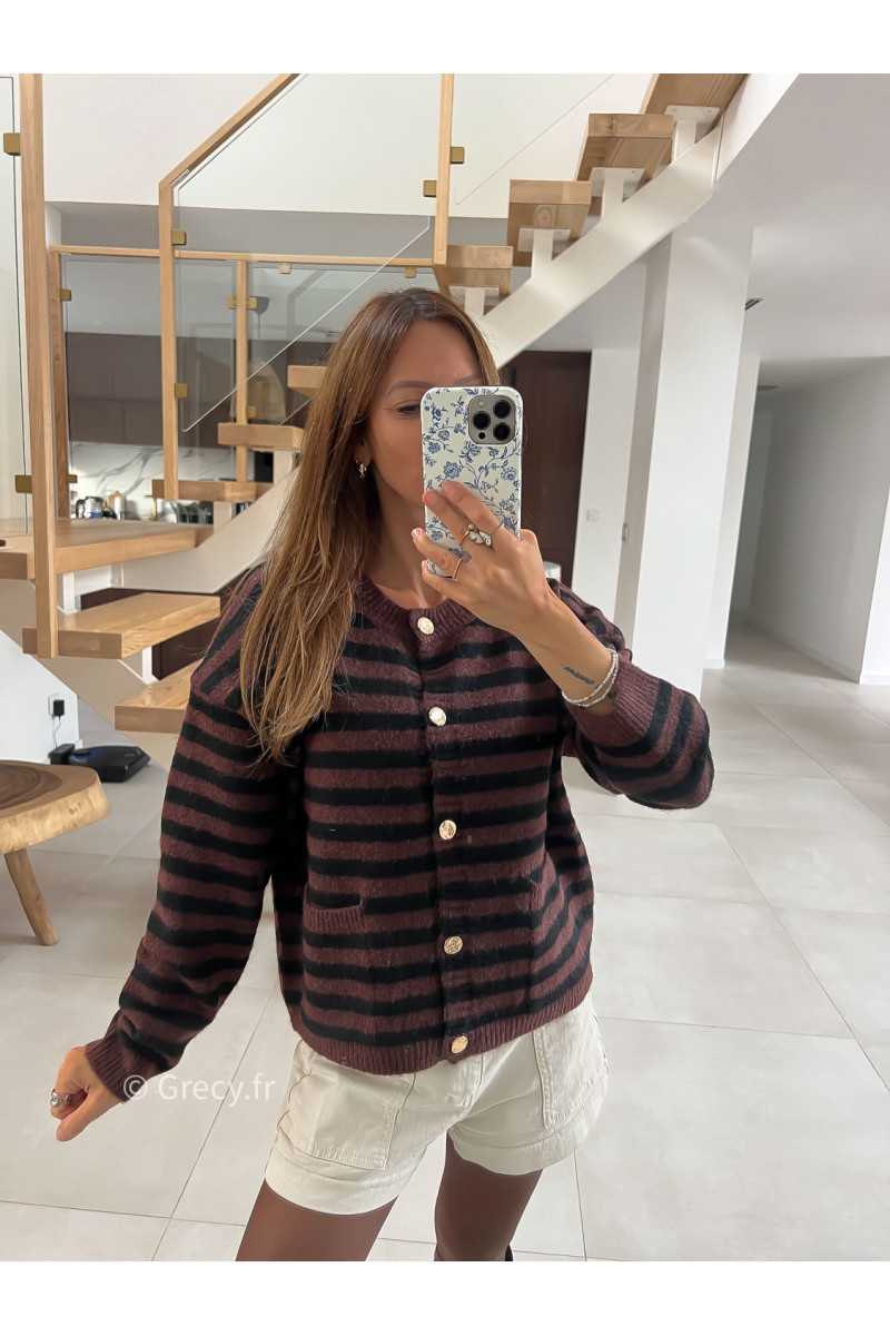 Cardigan laine rayures marron noir boutons or mode tendance grecy look Zara mango