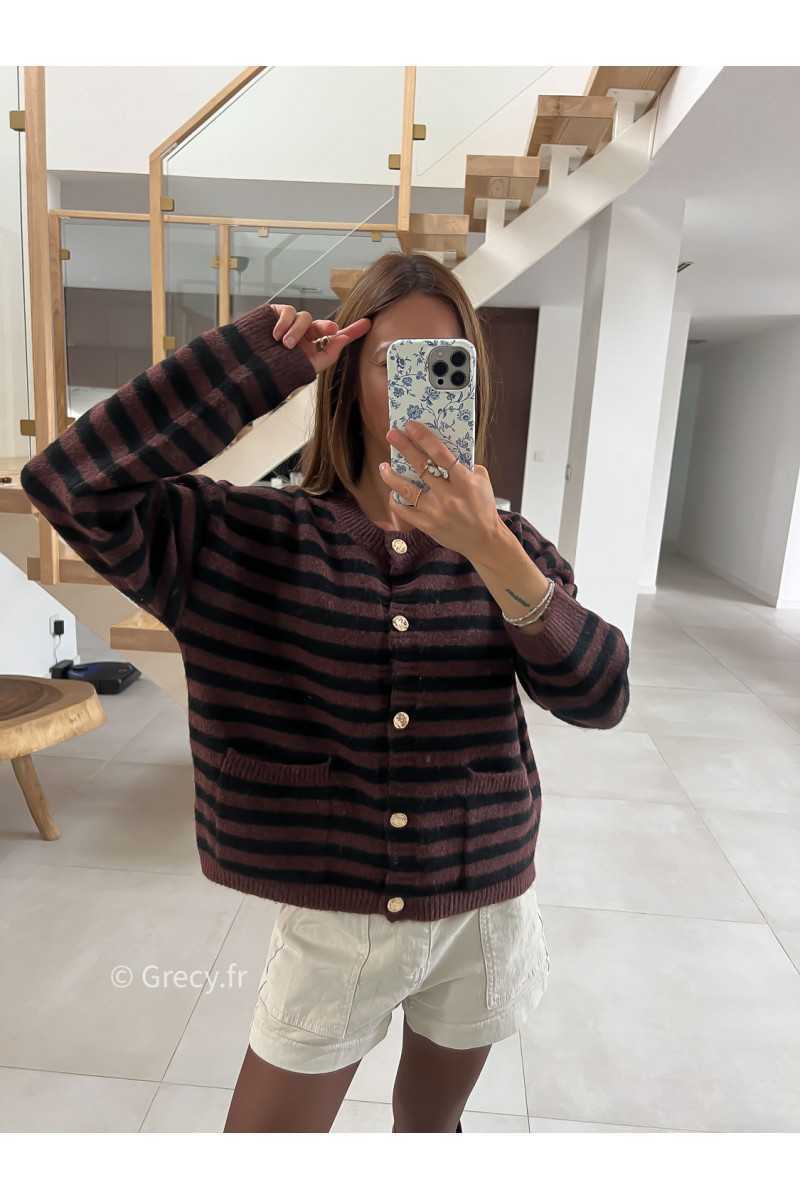 Cardigan laine rayures marron noir boutons or mode tendance grecy look Zara mango