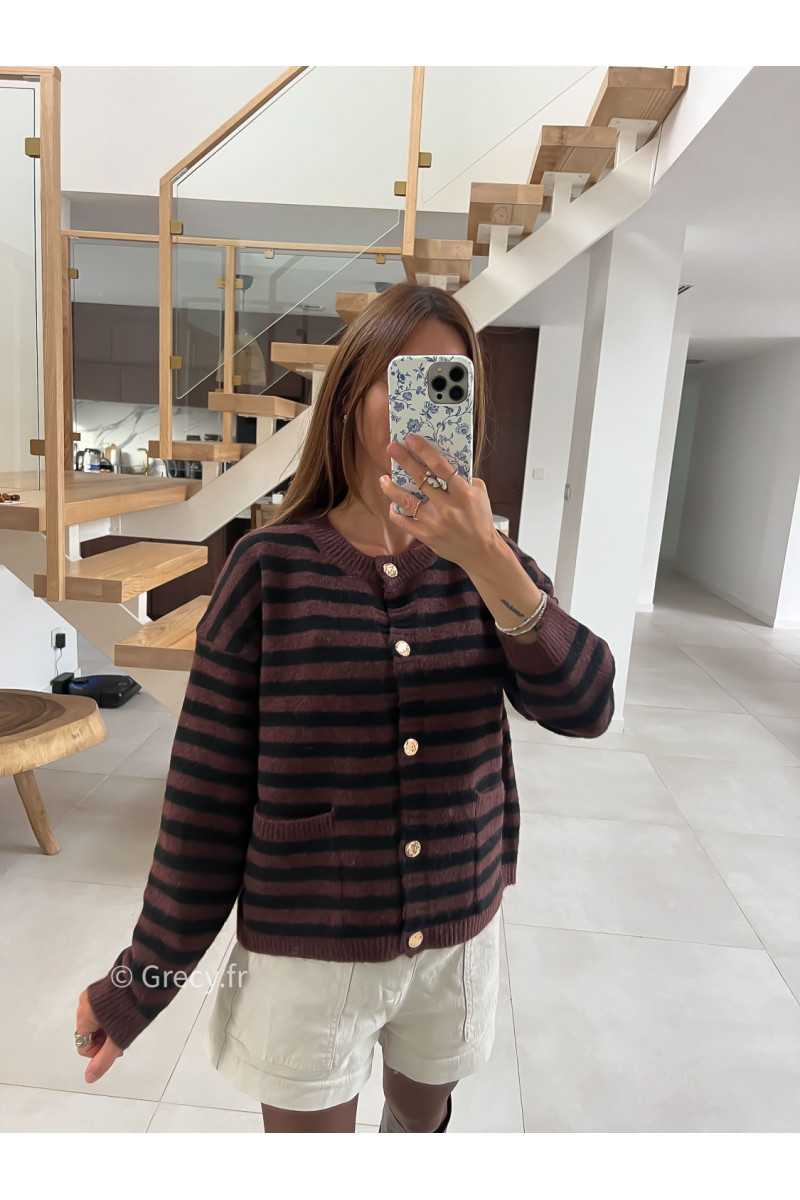 Cardigan laine rayures marron noir boutons or mode tendance grecy look Zara mango