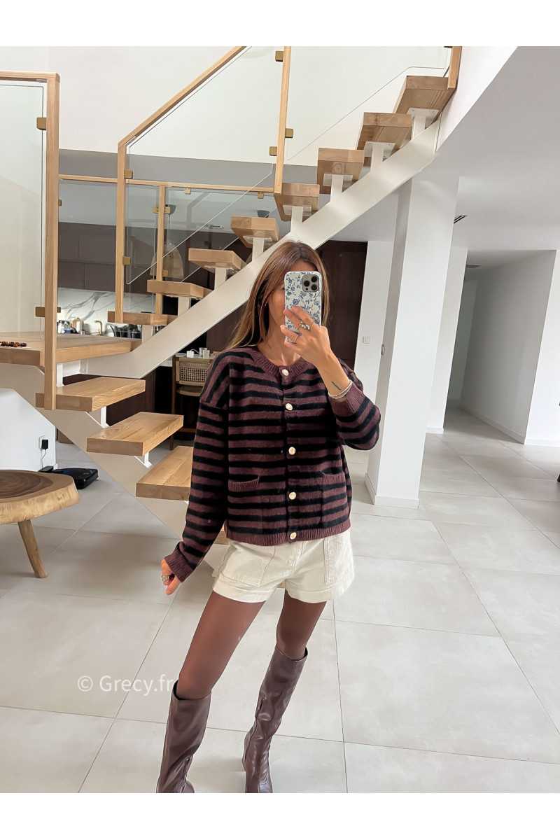 Cardigan laine rayures marron noir boutons or mode tendance grecy look Zara mango