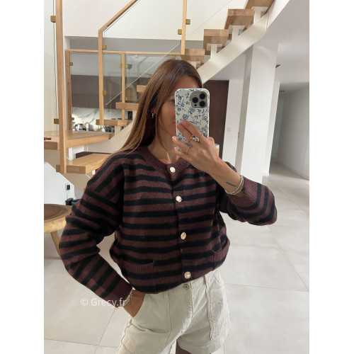 Cardigan laine rayures marron noir boutons or mode tendance grecy look Zara mango