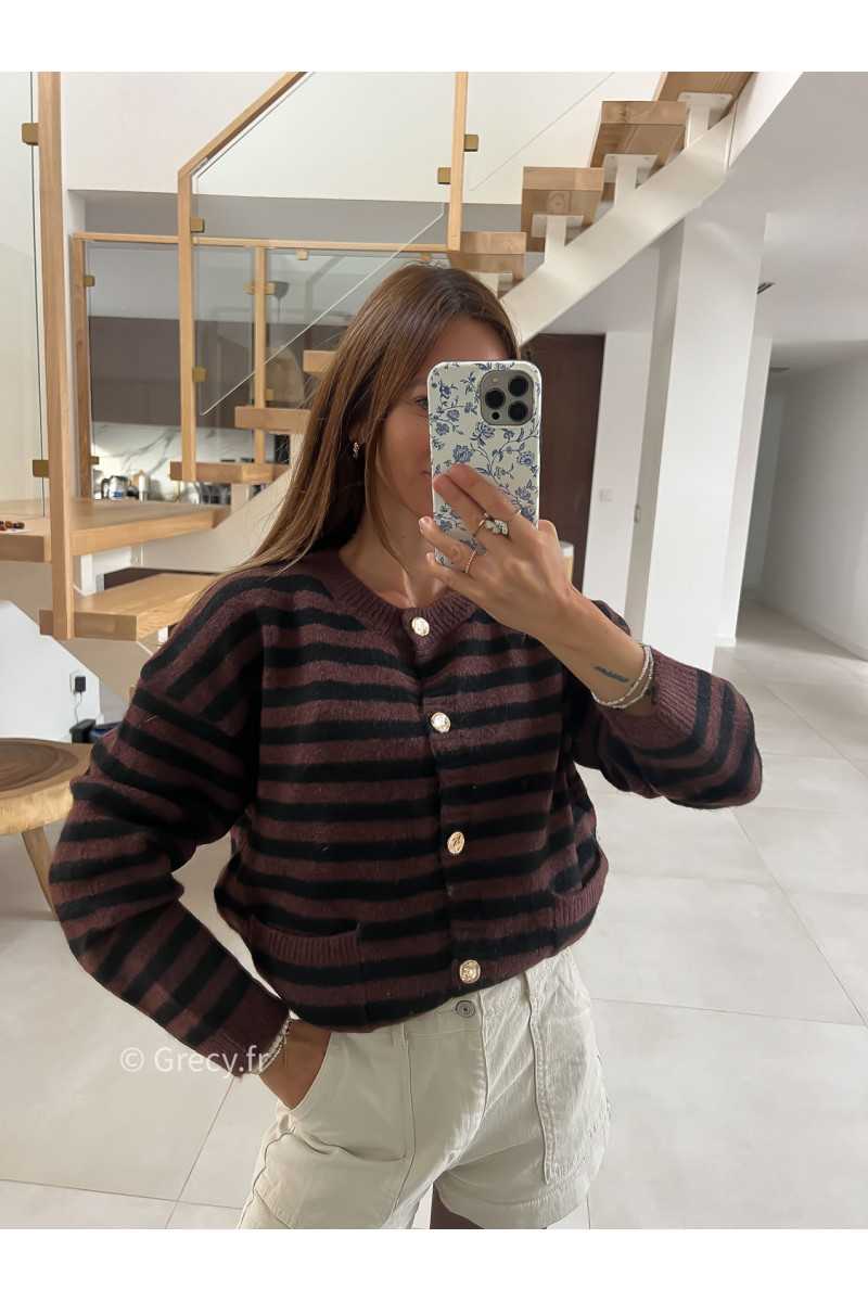 Cardigan laine rayures marron noir boutons or mode tendance grecy look Zara mango