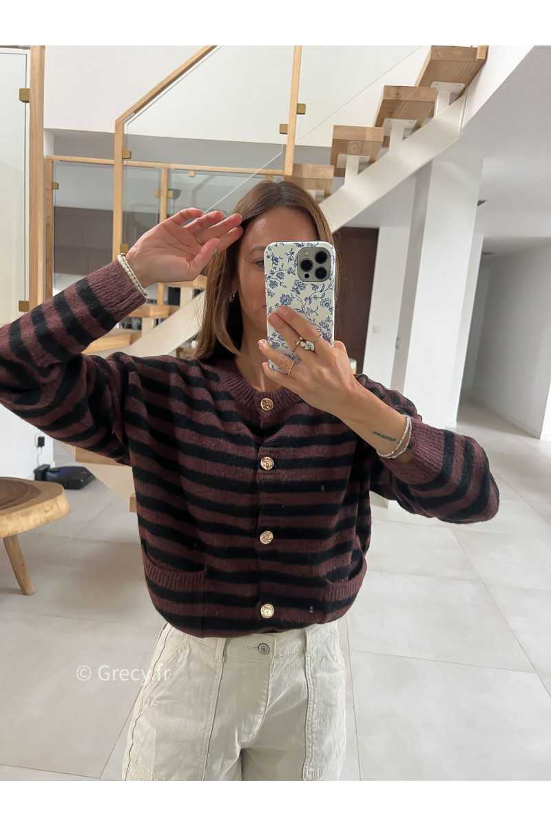 Cardigan laine rayures marron noir boutons or mode tendance grecy look Zara mango