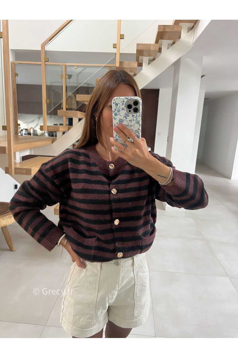 Cardigan laine rayures marron noir boutons or mode tendance grecy look Zara mango