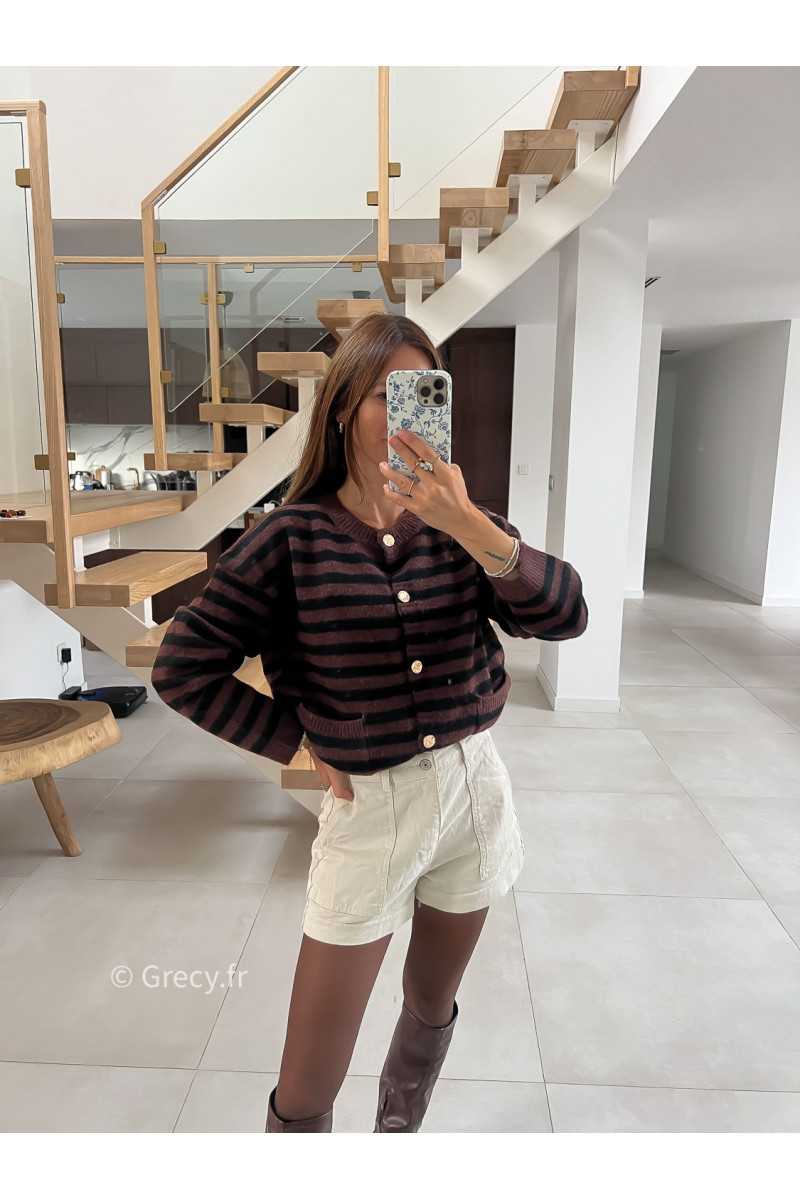 Cardigan laine rayures marron noir boutons or mode tendance grecy look Zara mango