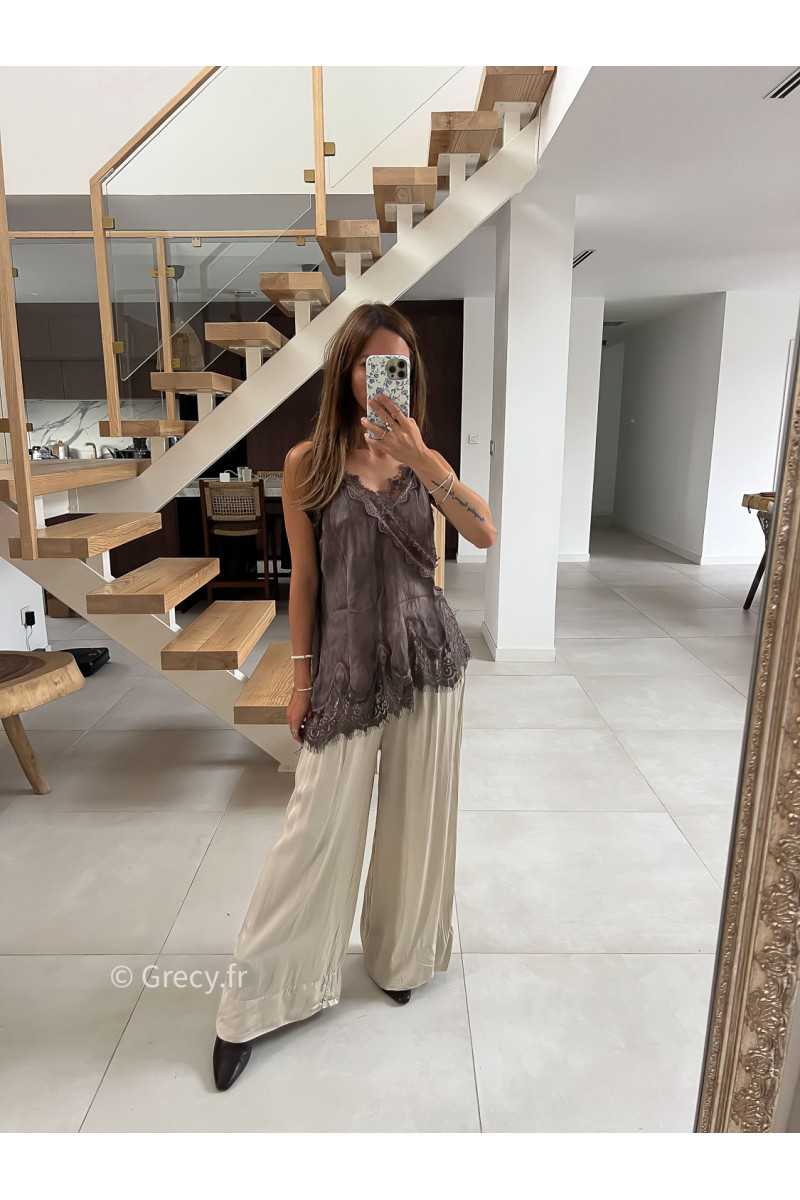 Débardeur style lingerie dentelles taupe mode tendance grecy look Zara mango