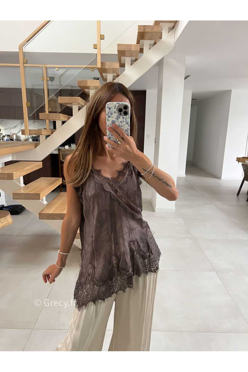 Débardeur style lingerie dentelles taupe mode tendance grecy look Zara mango