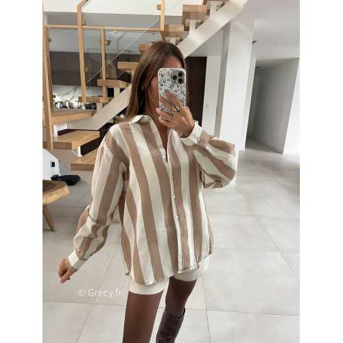 Chemise coton rayures beige