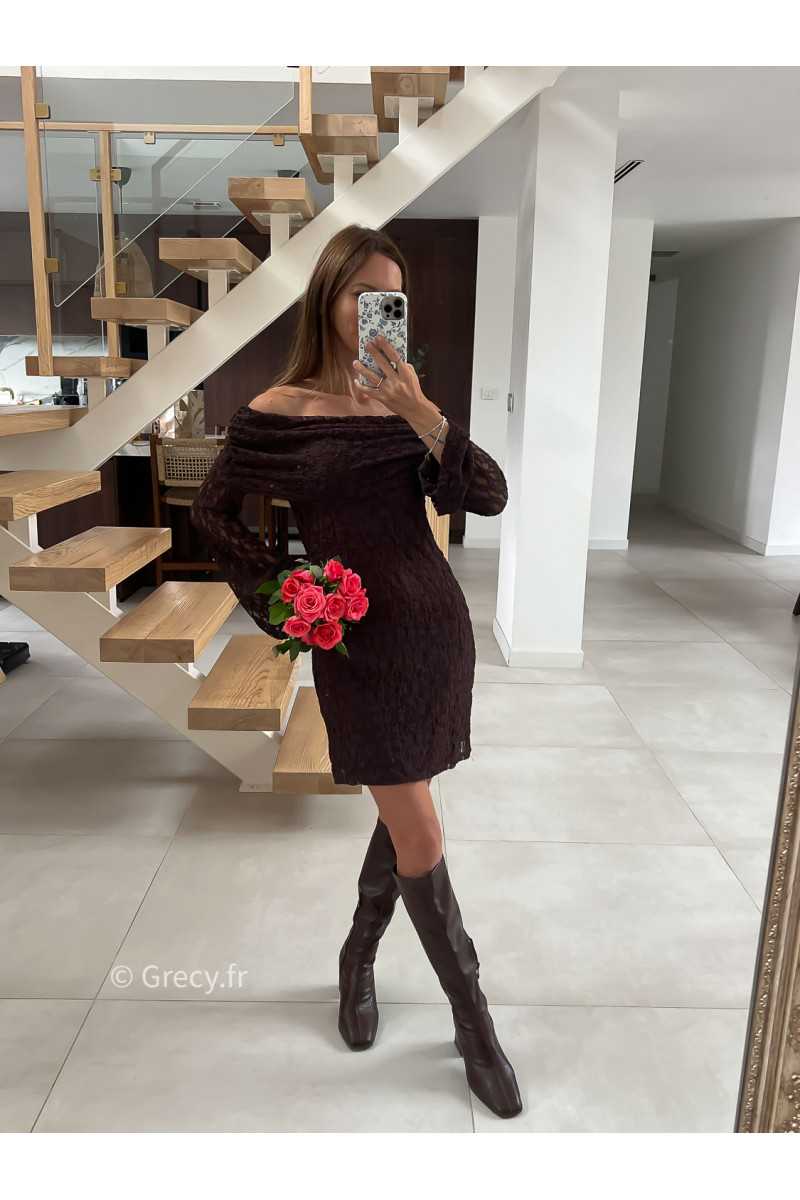 Robe dentelle marron manches longues mode tendance automne grecy