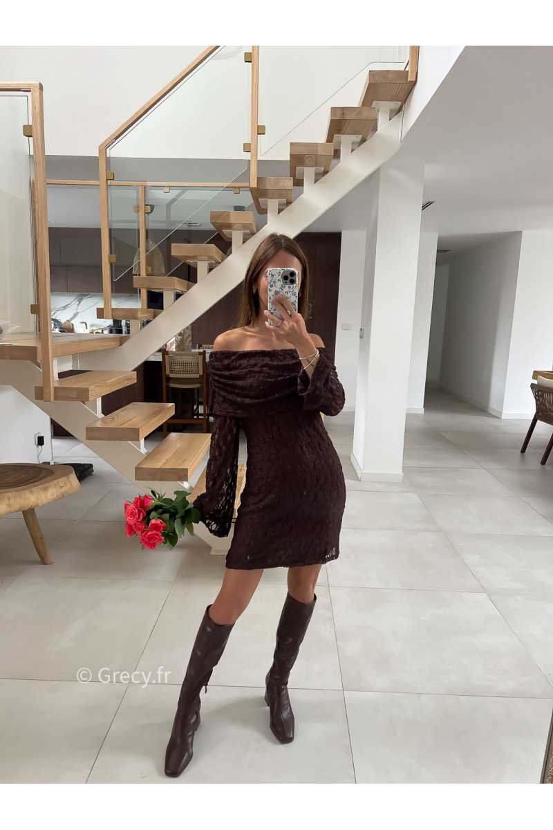 Robe dentelle marron manches longues mode tendance automne grecy