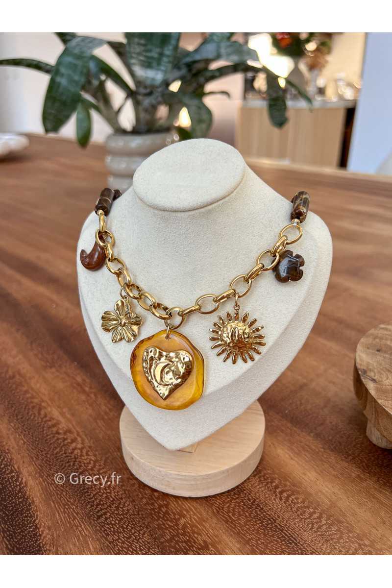 Collier charms perles marron acier inoxydable bijoux grecy