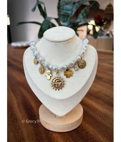 collier nacre perles charms bijoux acier inoxydable grecy