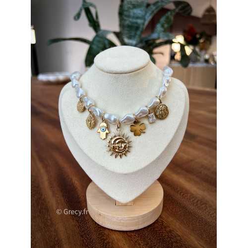 collier nacre perles charms bijoux acier inoxydable grecy