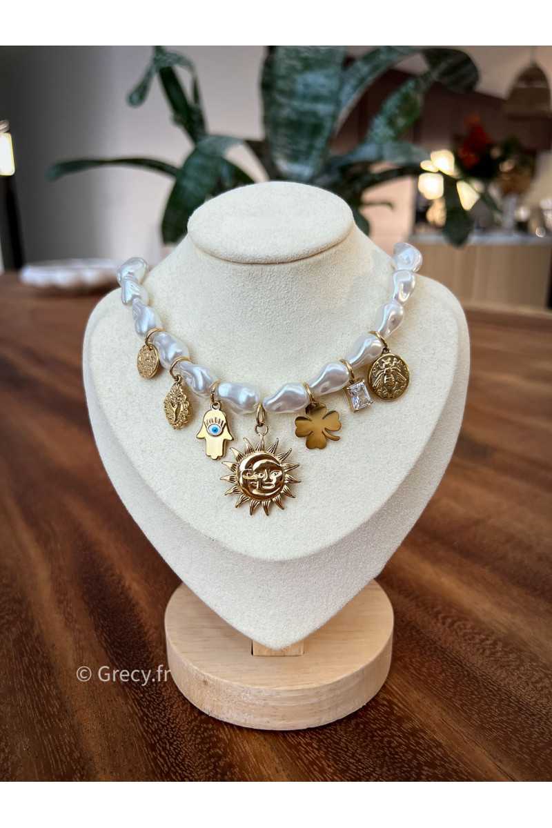 collier nacre perles charms bijoux acier inoxydable grecy