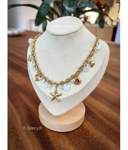 Collier doré papilles blanches Ocean bijoux acier inoxydable grecy