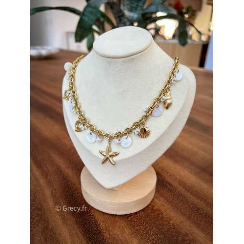Collier doré papilles blanches Ocean bijoux acier inoxydable grecy