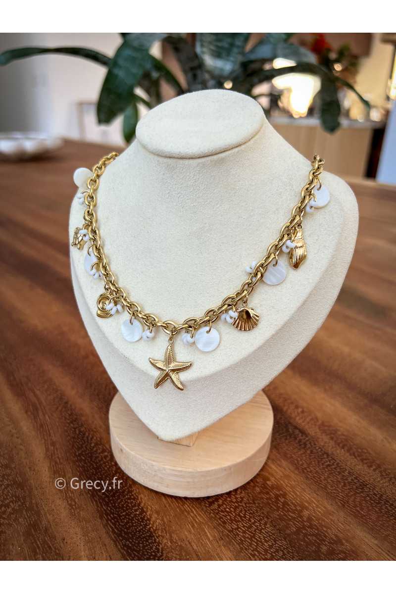 Collier doré papilles blanches Ocean bijoux acier inoxydable grecy