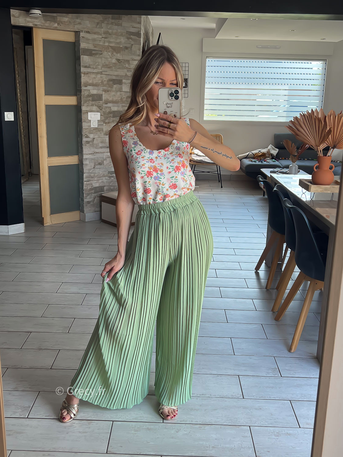 Pantalon fluide pliss vert pastel taille lastique Couleur vert d