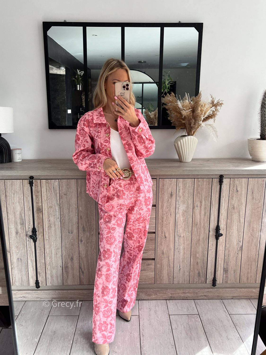Jean fleuri rose en coton imprim coupe droite Taille S Couleur rose