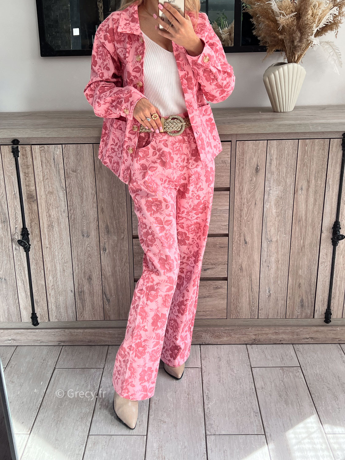 Jean fleuri rose en coton imprim coupe droite Taille S Couleur rose