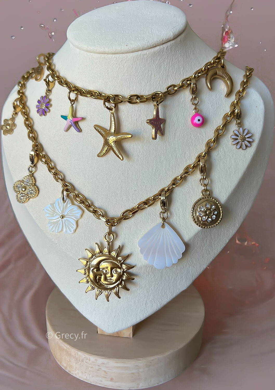 collier 3 rangs charms multicolores en verre de luxe acier inoxydable