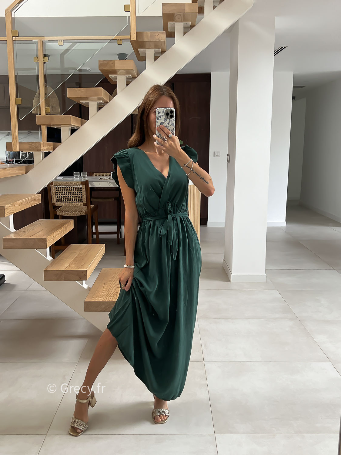 Mango Robe Verte Satin Robe Longue Vert Sapin Manches Courtes Fendue  Couleur Vert Sapin